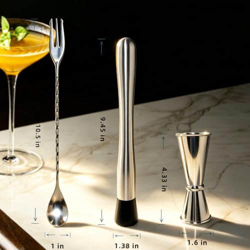 Stainless Steel Cocktail Muddler & Bar Spoon Set with Measuring Jigger