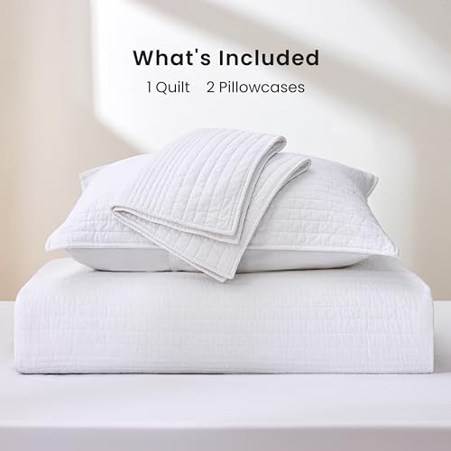 Love's Cabin Queen Cotton Quilt Set - Striped Textured White Coverlet