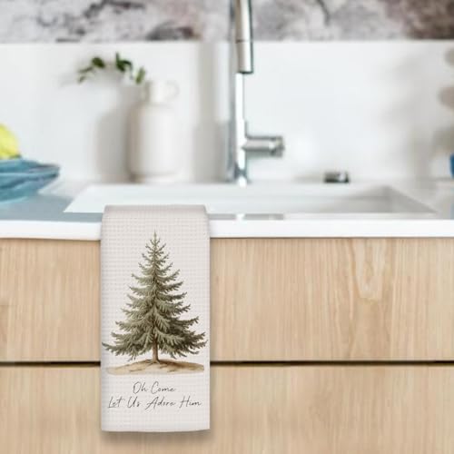 Vintage Tree Christmas Kitchen Towels 16x24in - Let Us Adore Him Xmas Dish Towel (Variation: Vintage Tree) by OINDADE