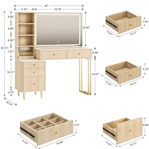 44-Inch Fluted Oak Vanity Desk with LED Lighted Mirror and Charging Station