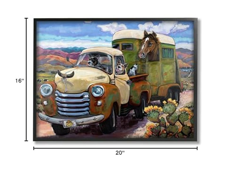 Stupell Industries Dogs Driving Vintage Rustic Truck with Horse Trolley, Design by CR Townsend Black Framed Wall Art, 20 x 16, Blue