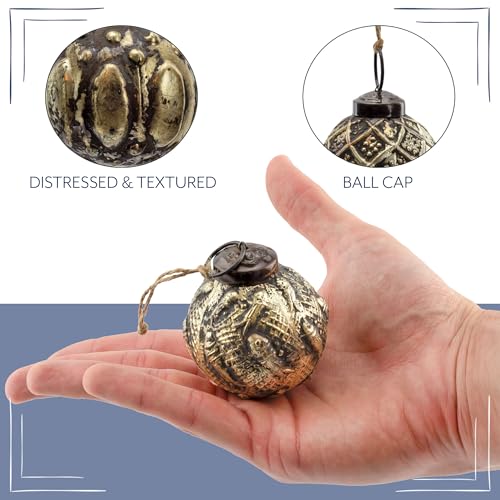 AuldHome Design Farmhouse Ball Ornaments Set of 6 - 2in Antique Gold Distressed Metal Glass