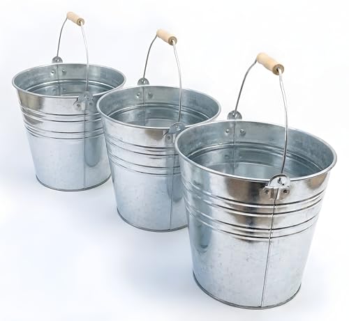 Galvanized Metal Buckets 3-Pack - Rustic Ice Buckets with Wooden Handles, 8.4 Quart