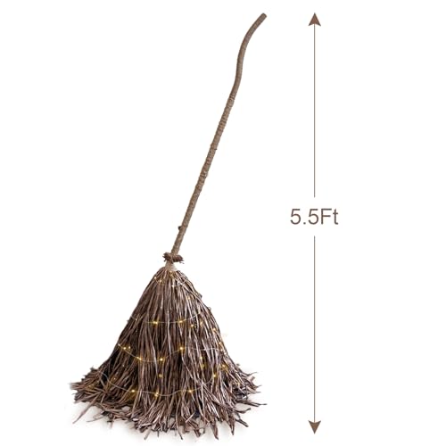 5.5 Ft Light-Up Witches Broom Rustic Halloween Decor with LED Lights