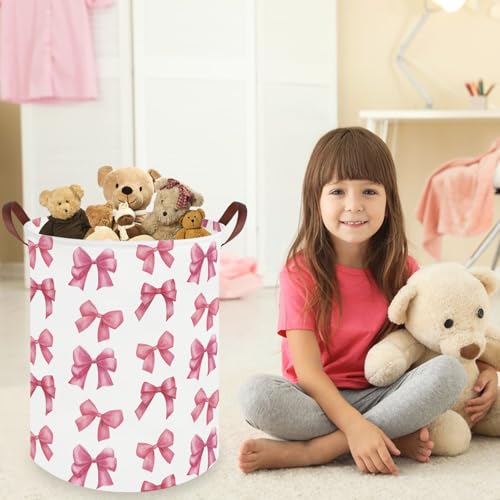 Pink Bow Laundry Basket - Collapsible Waterproof Canvas Nursery Hamper