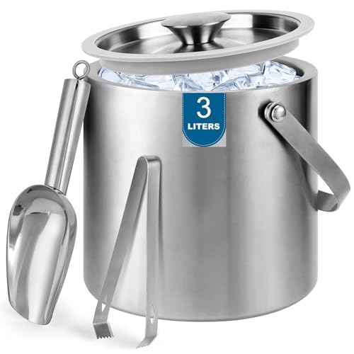 3L Double Wall Stainless Steel Ice Bucket with Lid, Scoop & Tongs - Portable