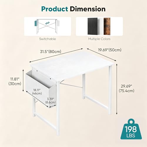 Small 31-Inch Computer Desk with Storage Bag for Home Office, White