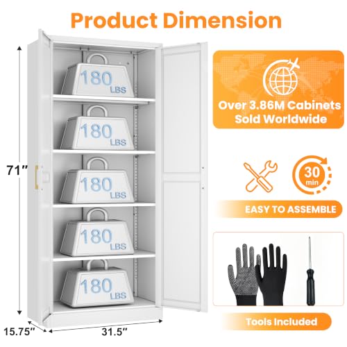 71-Inch Metal Pantry Storage Cabinet with Adjustable Shelves and Doors
