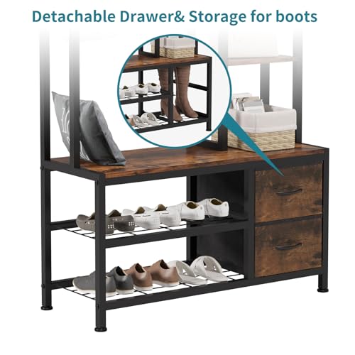 6-in-1 Entryway Hall Tree with Storage Bench, Drawers, Shelves, and Coat Rack