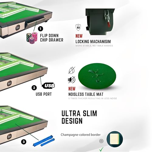 Auto Foldable Mahjong Table Champagne - Adjustable, Quick Assembly, 144 Tiles