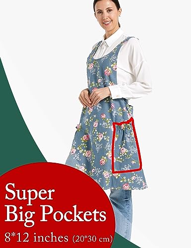 Adjustable Cross Back Apron with Pockets - Cotton Linen Kitchen Apron