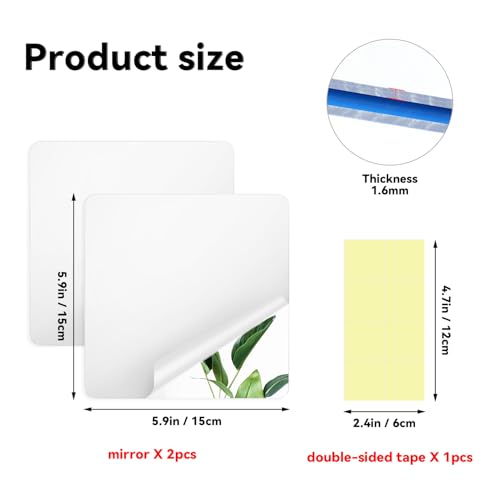 2-Pack Self-Adhesive Acrylic Mirror Tiles, 6x6 Inch Shatterproof Wall Decor