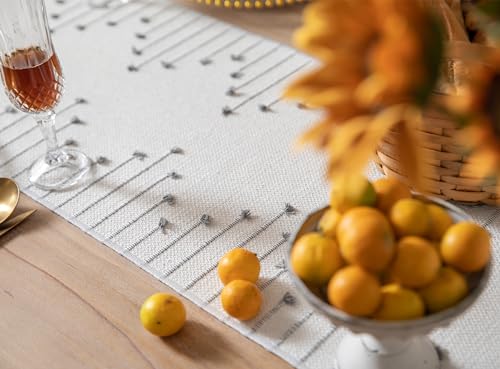 Grey Beige Cotton Linen Rustic Boho Table Runner 13x48 Inch with Tassels - Natural Home Decor