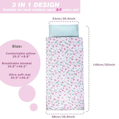 Toddler Nap Mat with Removable Pillow and Blanket for Preschool and Daycare