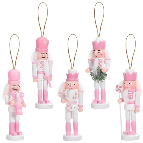 5-Piece Pink Wooden Christmas Nutcracker Ornament Set - Tree & Table Decor
