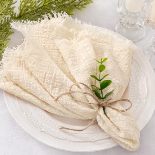 Beige 6-Pack Linen Cotton Dinner Napkins Fringe 17x17 for Wedding Party