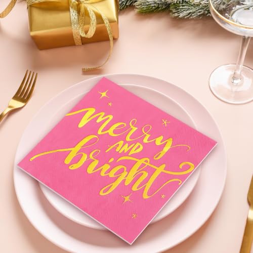Whaline 80-Pack Pink & Gold Merry Christmas Napkins 6.5x6.5in (13x13in unfolded)