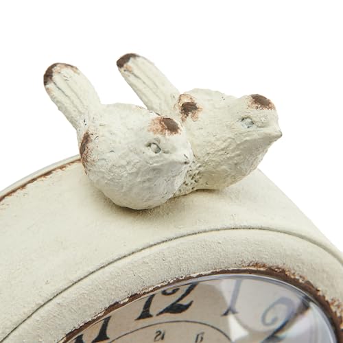 Vintage Pewter Mantel Clock with Bird Accents, Distressed Ivory Finish