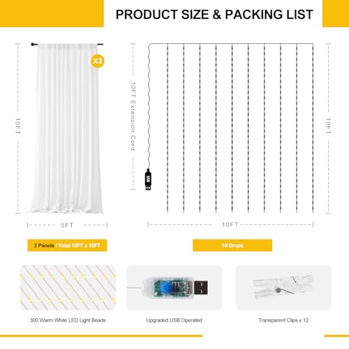 HOLITS White 10x10ft Tulle Backdrop with 300 LED Fairy Lights, USB, 2 Panels for Wedding & Party