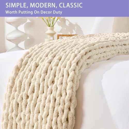 Chunky Chenille Knit Throw Blanket, Soft Hand-Knit Decorative Sofa Throw, Beige