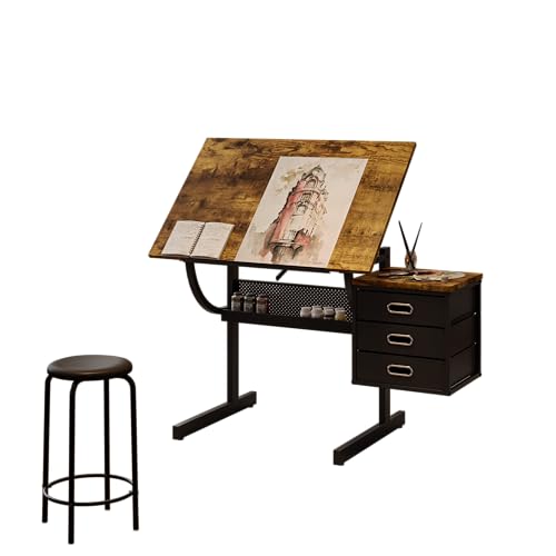 Adjustable Drafting Table with Stool - Tilting Art Desk with 3 Drawers