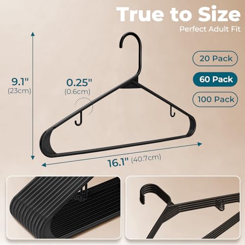 Black Plastic Clothes Hangers 60 Pack, Slim Space-Saving Hangers
