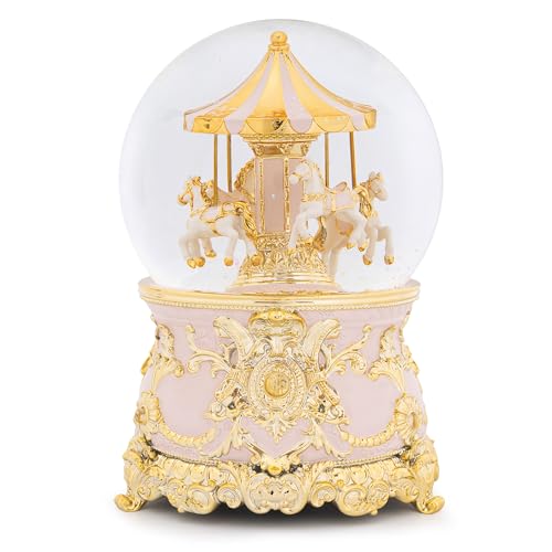 7.1-Inch Rotating Carousel Snow Globe Music Box - Gold and Pink