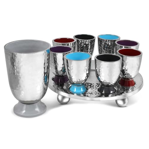 Hammered Metal Kiddush Wine Fountain Set with 8 Cups for Shabbat & Holidays