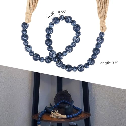 32-Inch Rustic Blue Wooden Bead Garland with Tassel, Boho Farmhouse Decor