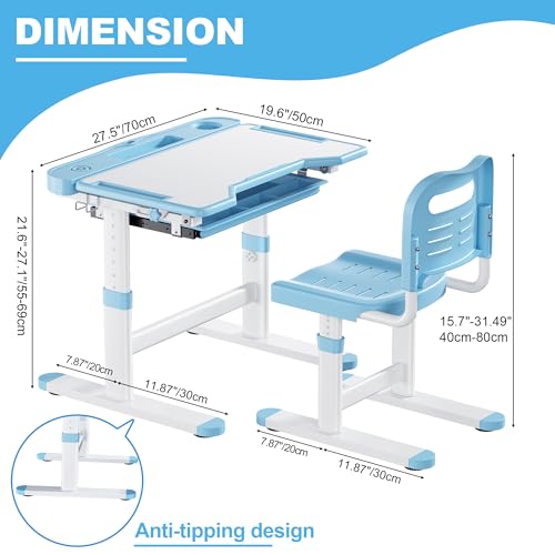 Height Adjustable Kids Study Desk and Chair Set with LED Lamp and Drawer