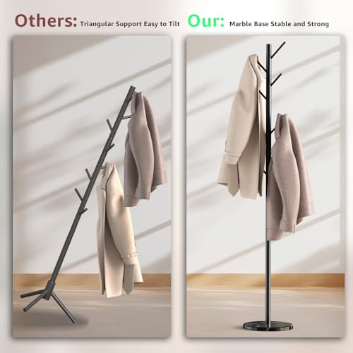 Freestanding Coat Rack with Marble Base, 8-Hook Metal Coat Tree, Adjustable