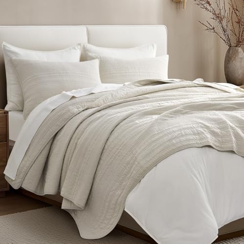 EverGrace 100% Cotton King Quilt Set - 3 Piece Lightweight Bedspread (Birch)