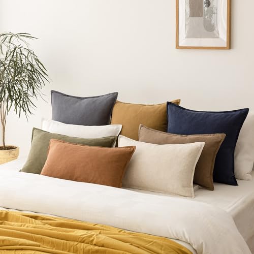Boho Linen Throw Pillow Covers 20x20 Set of 2 - Neutral Beige Cushion Cases