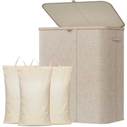 185L 3-Section Laundry Hamper with Lid, Foldable Clothes Sorter Basket