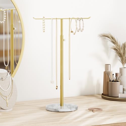 Adjustable T-Bar Jewelry Stand with Marble Base for Necklaces