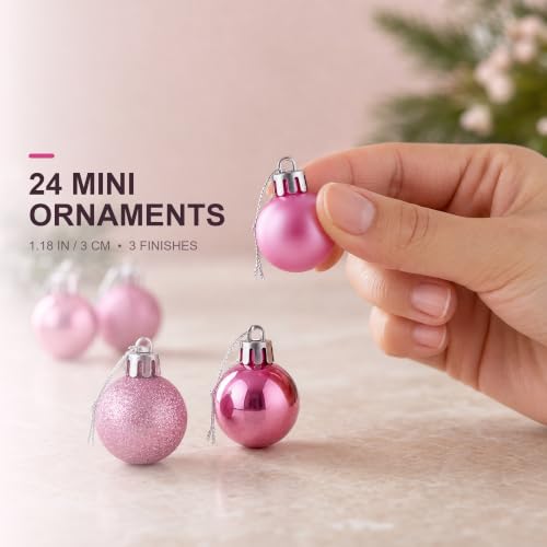 Pink Mini Christmas Ornaments Pack of 24 - 1.18 Inch Shatterproof Holiday Decor