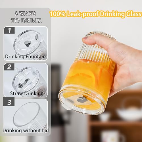 16oz Ribbed Glass Tumbler Set with Leak-Proof Lids and Straws