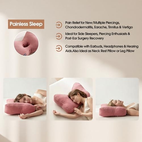 Ear Piercing Pillow for Pain Relief | Adjustable Height & Washable, Mauve Pink
