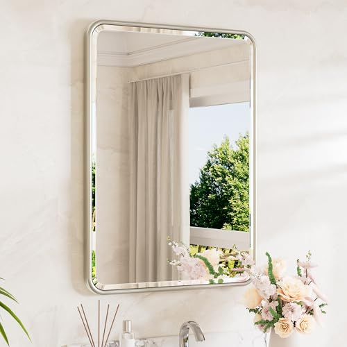 20x30 Brushed Nickel Bathroom Mirror, Rectangular Wall Mirror with Beveled Edge
