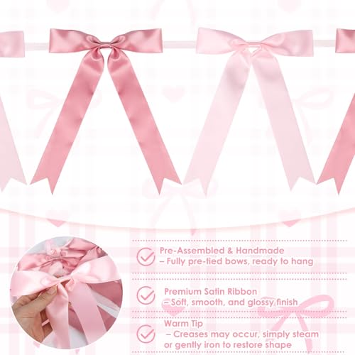 Pink Satin Bow Garlands - 2 Pack, 16pcs, 6.5ft Pre-Strung Party Decorations