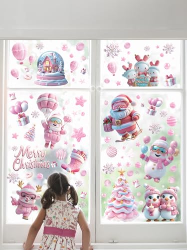 Qc3048 Pink Christmas Window Clings - 9 Sheets Holiday Decor for Glass Windows