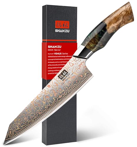 SHAN ZU 8-Inch Damascus Chef Knife Japanese Kitchen Knife - Gold Pattern, Hand Forged