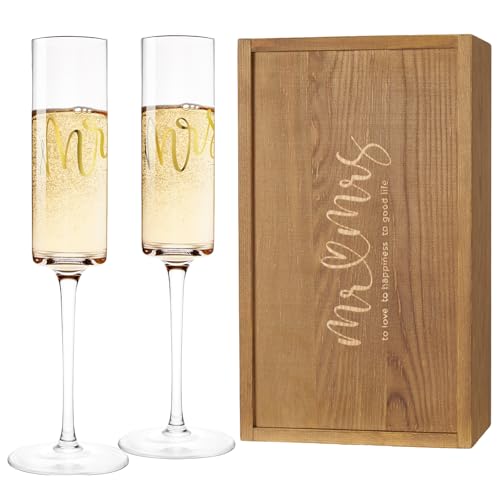 Mr and Mrs Champagne Flutes Set with Wooden Gift Box for Weddings