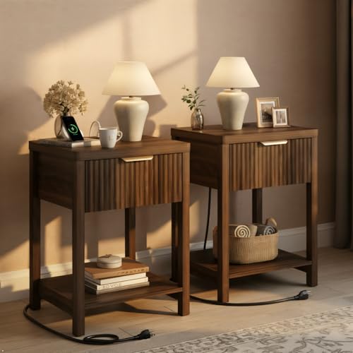 Fluted Wood Nightstand Set of 2 with Charging Station and Storage Drawer