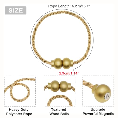 Gold Magnetic Curtain Tiebacks - 2 Pack Modern Woven Rope Holdbacks