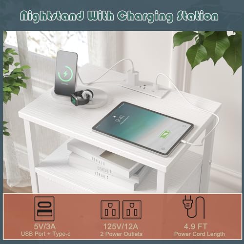 Nightstand with Charging Station, 5 Drawers, RGB LED Lights, White