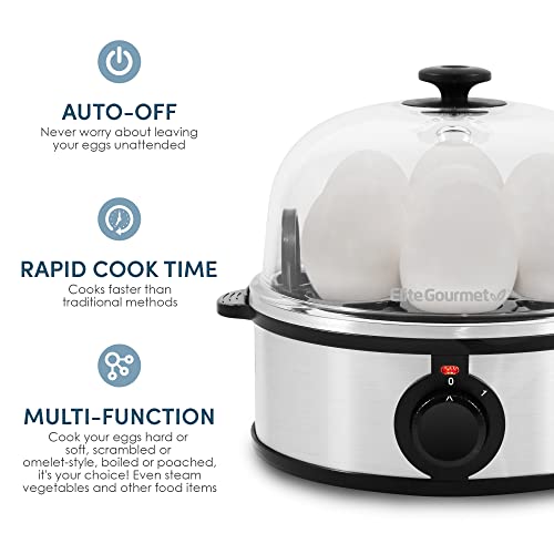 Elite Gourmet EGC648 Easy Electric Poacher, Omelet Eggs & Soft, Medium, Hard-Boiled Egg Boiler Cooker with Auto Shut-Off and Buzzer, Measuring Cup Included, BPA Free, Stainless Steel 7 Egg