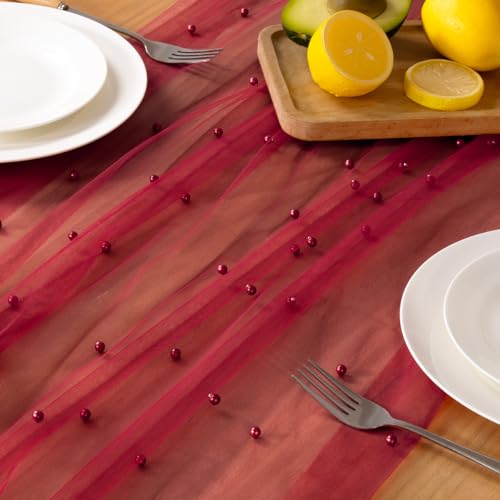 Pearl Gauze Table Runner 10ft for Wedding & Party Decor - Red
