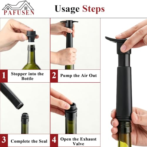 Pafusen Vacuum Wine Stopper Set with Pump, 4 Reusable Stoppers, Black - Keeps Wine Fresh 7 Days