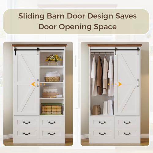 71-Inch Wooden Wardrobe Closet with Sliding Barn Doors and 4 Drawers